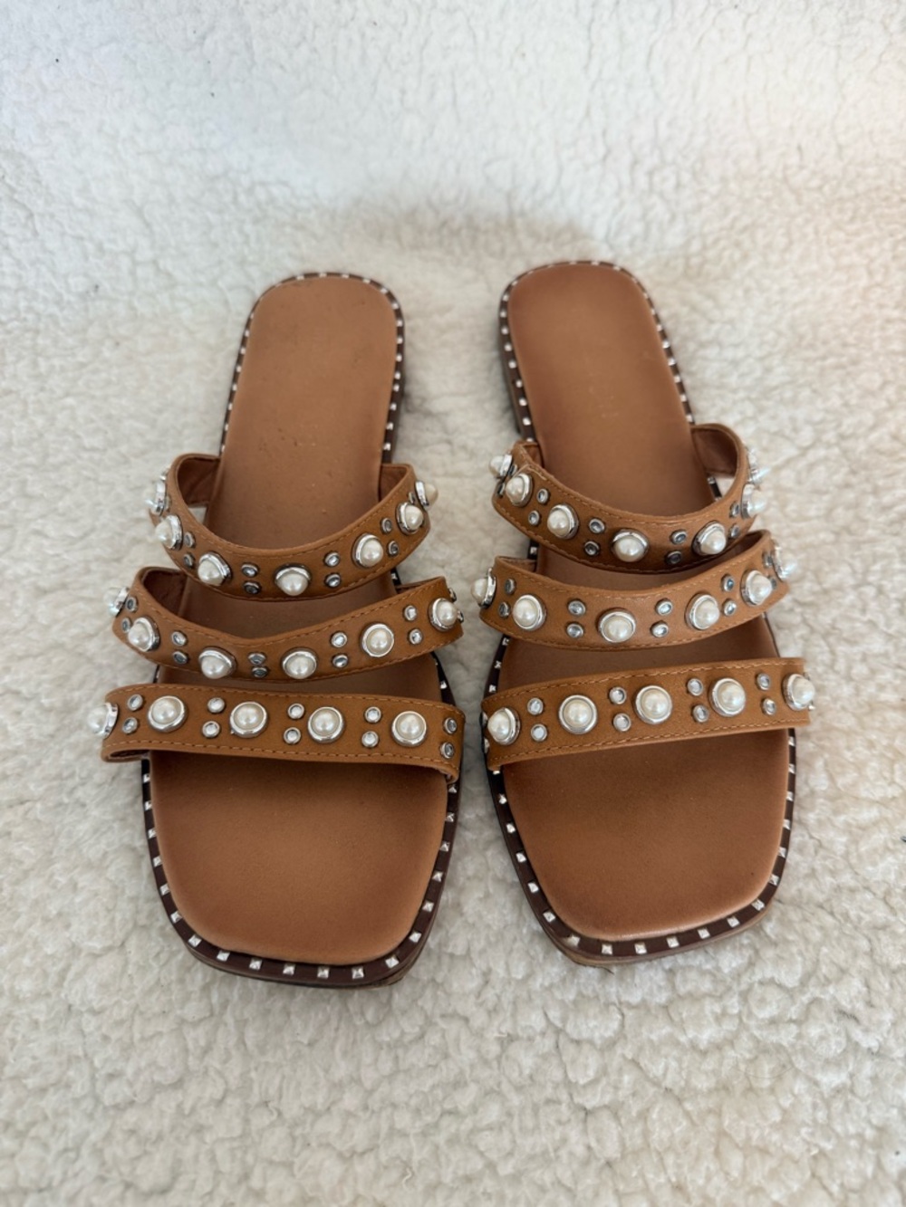 Studded Pearl-Strap Women’s Slide Sandals in Brown